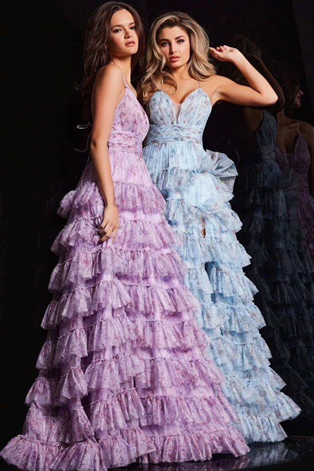 Trend Alert Jovani 36571 Long Prom Dress  A-Line Layered Ruffle Skirt V Neckline Formal Pageant Gown