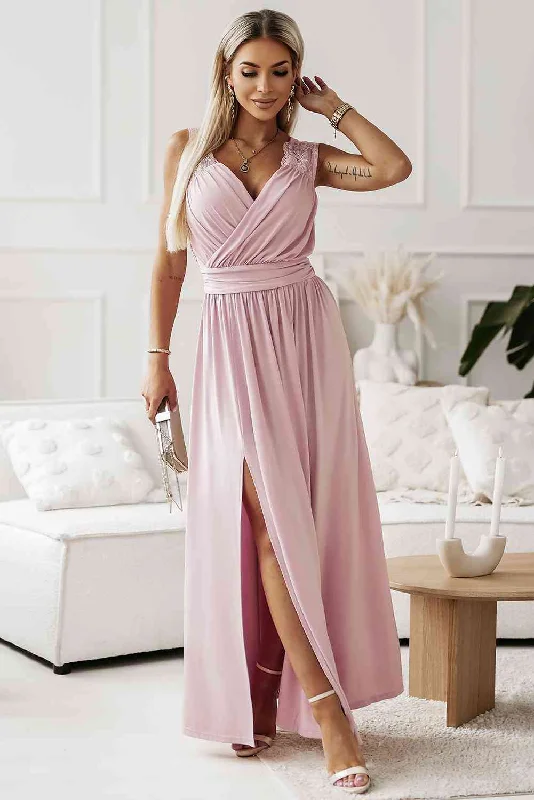 Weekend Exclusive Surplice Neck Spliced Lace Split Maxi Dress