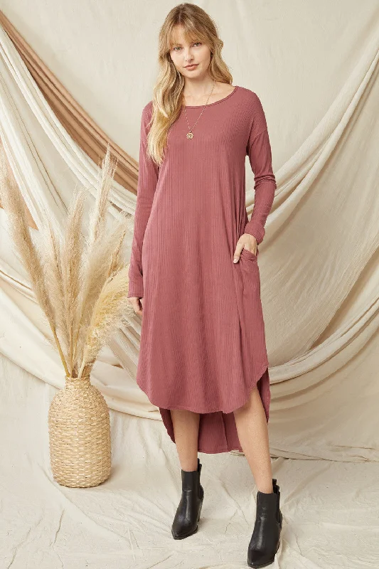 Style Upgrade Ribbed Pocket Midi Dress, Marsala