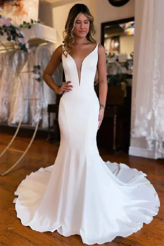 Fashion Forward Outfits Roycebridal Satin Mermaid Plunge V-neck Backless Court Train Wedding Dresses, MW1017