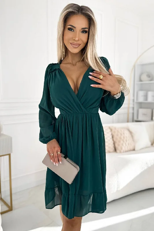 Trendy Threads Numoco 538-2 MILA Chiffon midi dress with long sleeves and neckline - green