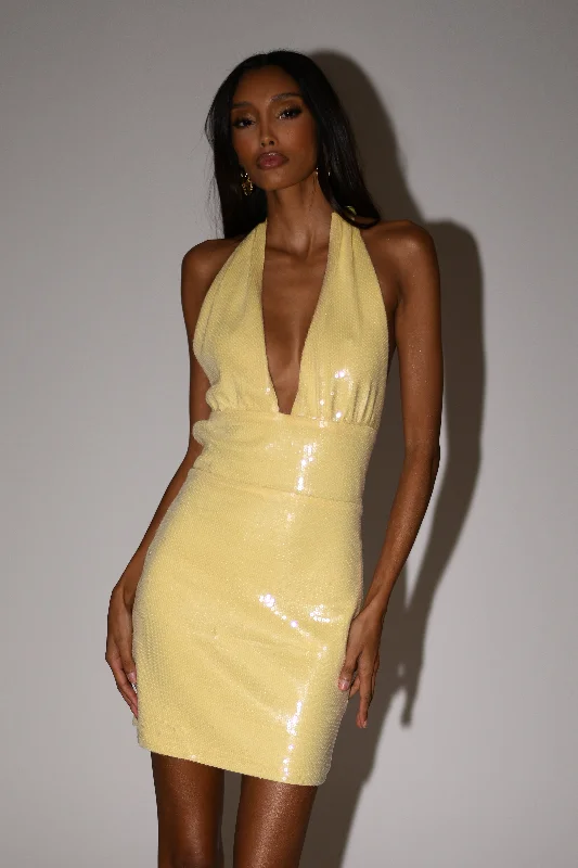 Fashion Forward Outfits Carleigh Sequin Halter Mini Dress - Lemon