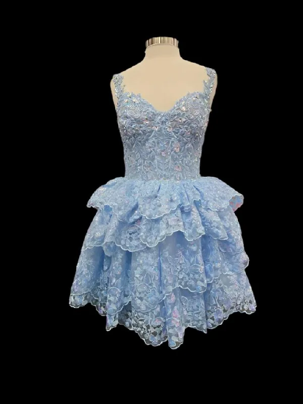 Additional Time-Limited Offers Jovani 37080 Size 10 Light Blue Short Lace Ruffle Homecoming Dress Sequin Corset Cocktail Gown Layer Skirt