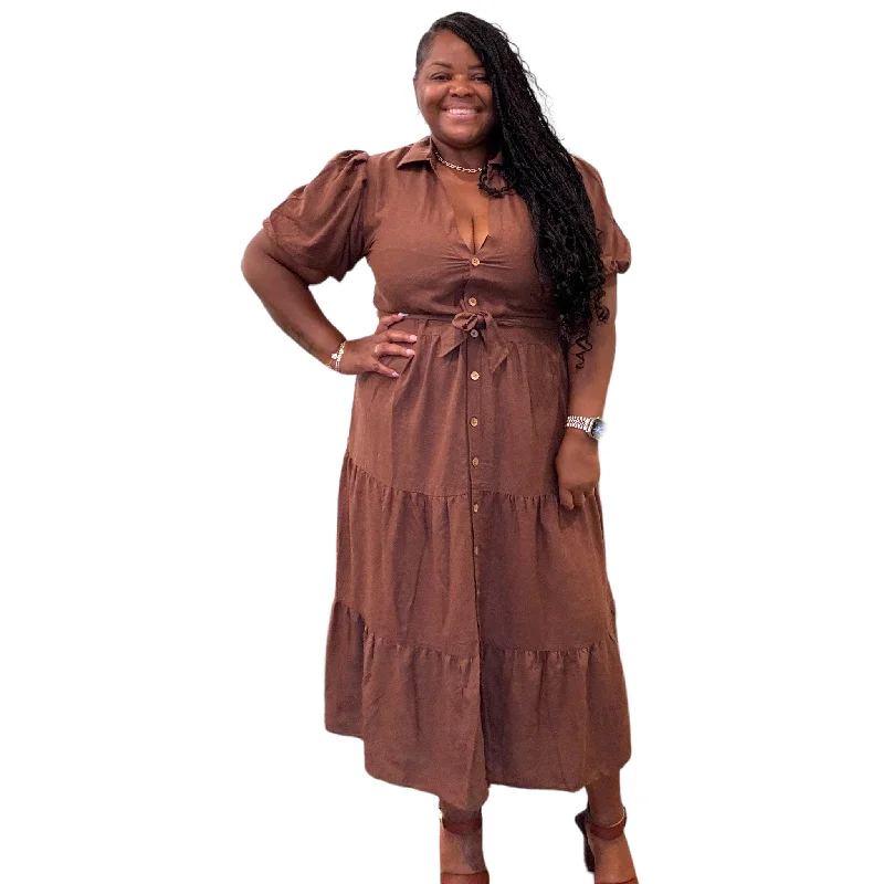 Chic Outfits Linen Plus Size Brown Button Down Maxi Dress