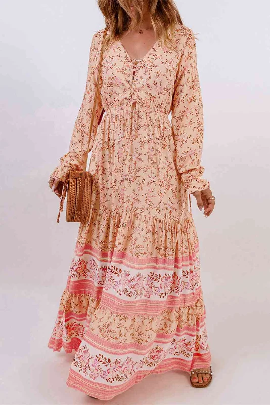 Chic Styles Bohemian Lace-Up Long Sleeve Maxi Dress