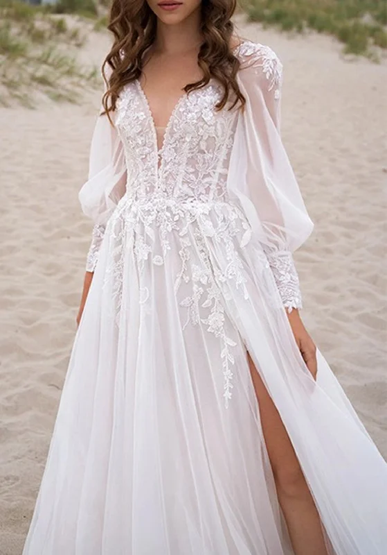 Vibrant Femme Fashion Women Lace Appliques Wedding Dresses Long Sleeves Bridal Gowns YWD127