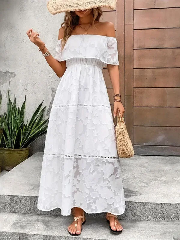 Dive Into Trendy Women's Fashion Off-Shoulder Short Sleeve Maxi Dress