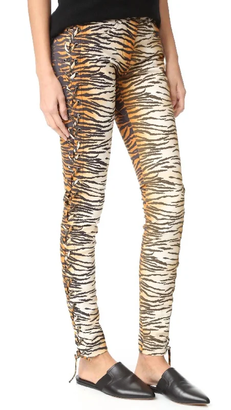 Fashion Deal Animal Print Tiger Side Lace Up Dent Pants In Multicolor