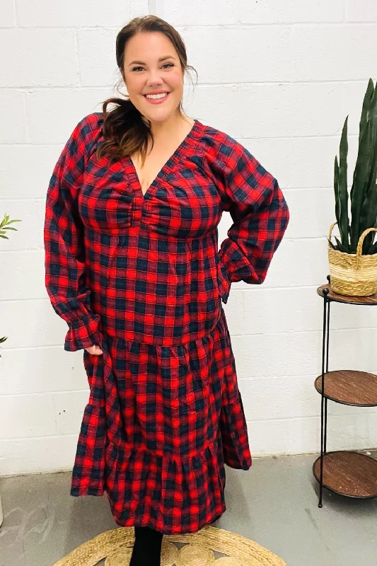 Unbeatable Deals All I Want Red Plaid Elastic V Neck Tiered Maxi Dress