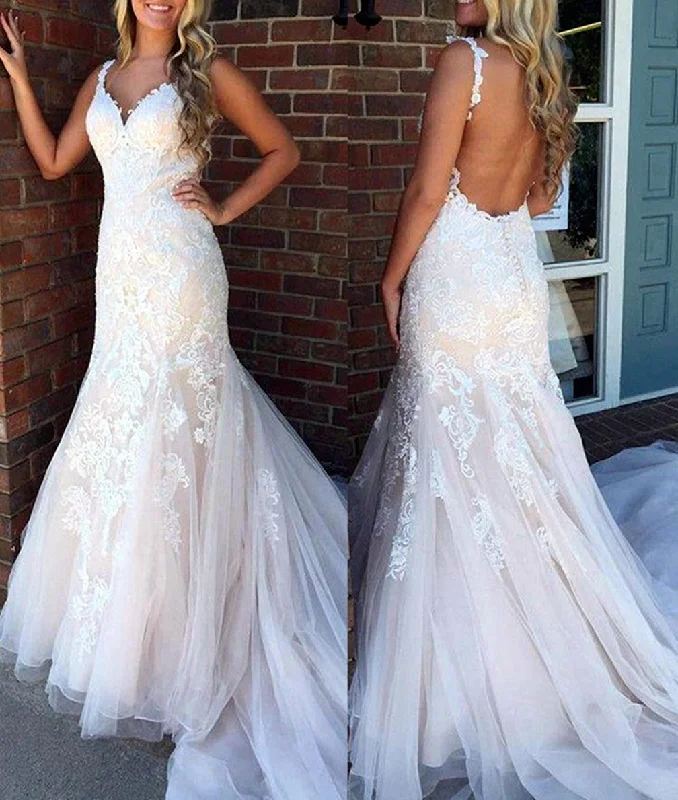 Summer Essentials Women Mermaid Appliques Wedding Dresses Long V-Neck Lace Bridal Gowns YWD178