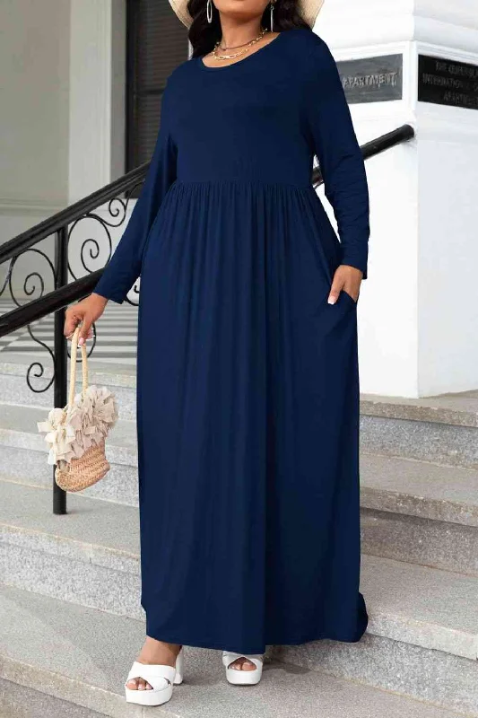 Timeless Elegance Redefined Plus Size Round Neck Long Sleeve Maxi Dress with Pockets