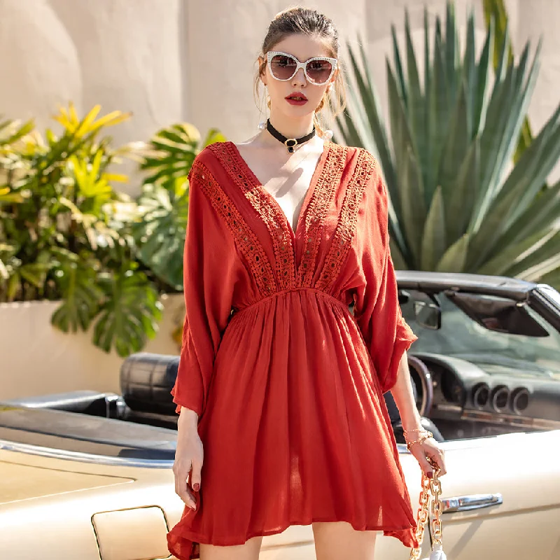 Unbeatable Deals KittenAlarm - Women Deep V-Neck Boho Dress Solid High Waist Midi Dress 3/4 Sleeve