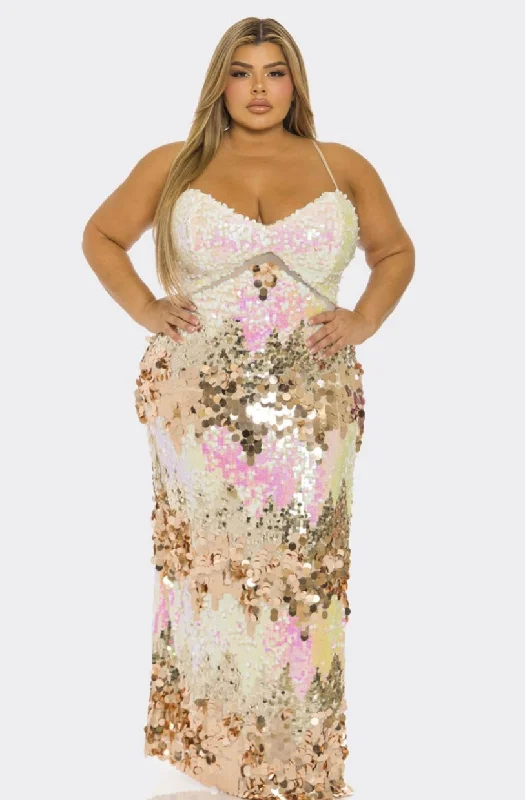 Luxury Fashion Pink Multi Color Disc Sequin Combo Maxi Dress