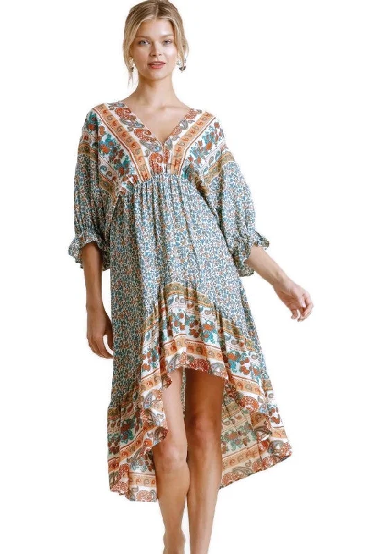 Chic Style, Always In Vogue Mixed Print Bohemian Midi Dress, Cream