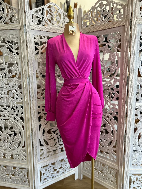 Stupidly Low Prices Fuchsia Draped Midi Dress- Very Stretchy