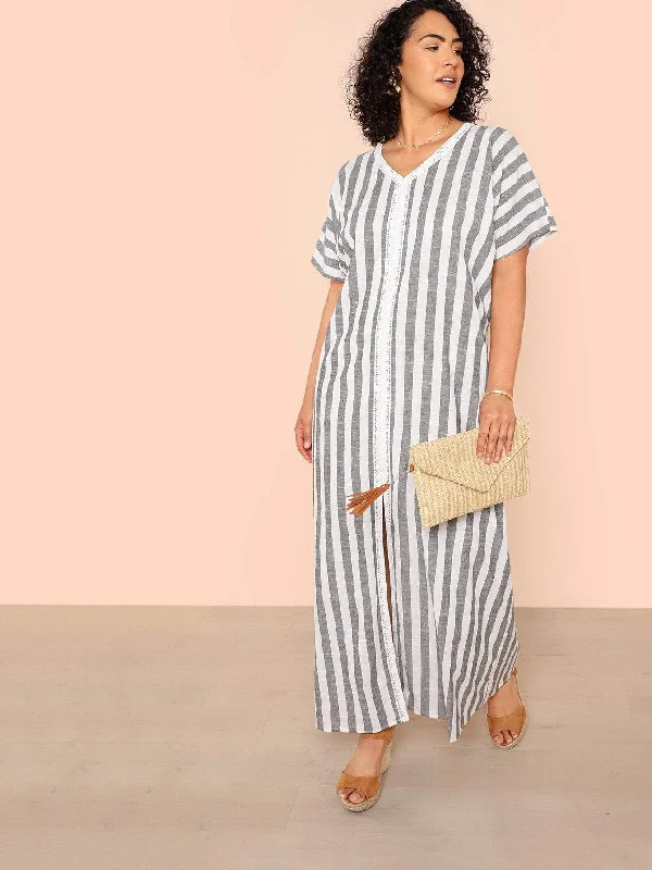 Evening Elegance Plus Slit Hem Striped Maxi Dress