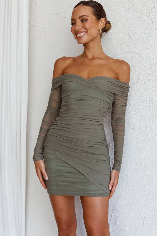 Forward Trendsetter Moonrise Off-Shoulder Crossover Neckline Long Sleeve Ruched Dress Olive