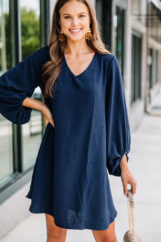 Trendy Street Style Attire Loud And Clear Navy Blue Bubble Sleeve Dress