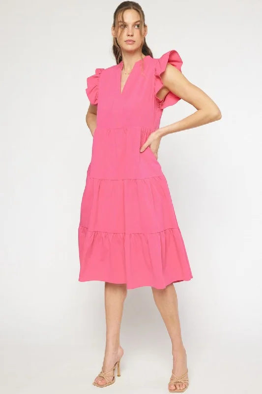 Effortless Style, Endless Impact Ruffled Pocket Tiered Midi Dress, Hot Pink