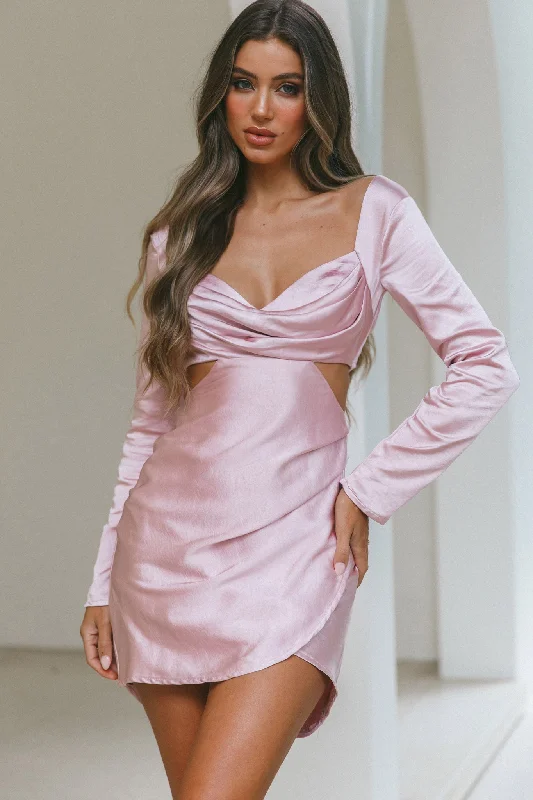 Limited Time Offers Shaken Not Stirred Cut-Out Waist Long Sleeve Pleat Mini Dress Blush