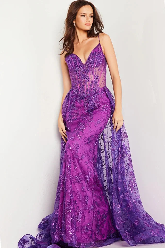 Style Beyond Borders Jovani 23530 Size 4 Amethyst Long Prom Dress Fitted Corset Beaded Bodice Sequin Long Over Skirt Formal Pageant Gown