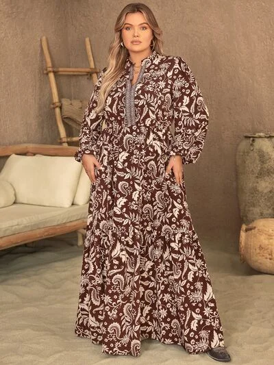 New Season Fashion Preview Plus Size Notched Balloon Sleeve Printed Maxi Dress