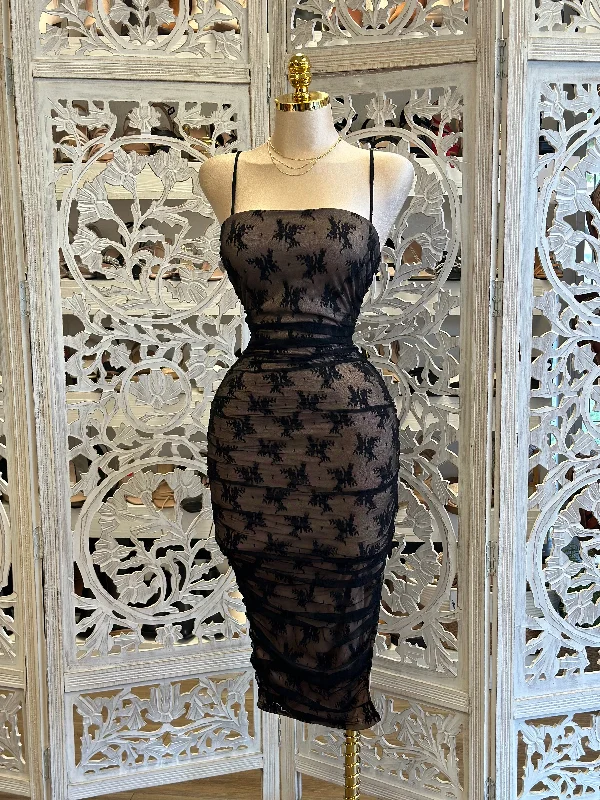 Special Offer Thin Strap Black Lace Midi Dress- Stretchy,Estira