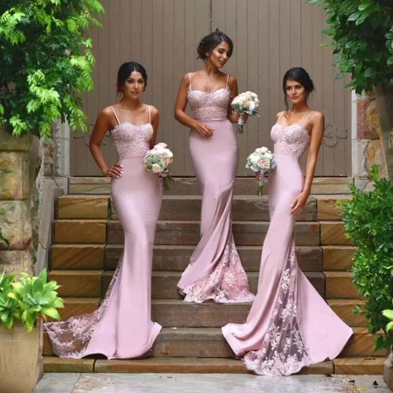 Dive Into Trendy Styles Chic Pink Lace  Bridesmaid Dresses Long Mermaid  Spaghetti Straps Backless Maid of the Honor Wedding Party Dresses Custom Made LP623