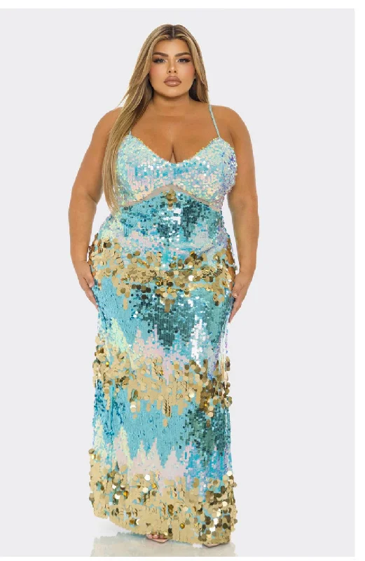 Women's Urban Fashion Tiffany Blue Multi Color Disc Sequin Maxi Dress