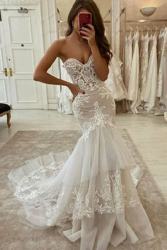 Trendy Street Style Attire Elegant Sweetheart Tulle Lace Mermaid Wedding Dress Two-layer Trailing prom dress       cg23534