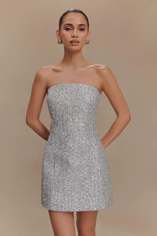 Save On Inspired Styles Gala Strapless Tweed Mini Dress - Silver