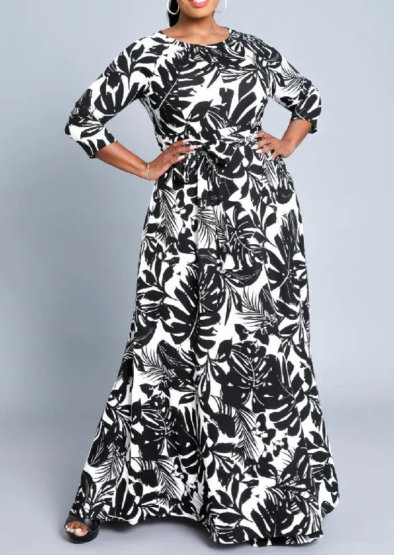 Special Offer For You Hi Curvy Plus Size Women Leaf Print Flare Warp Maxi Dress with Pockets