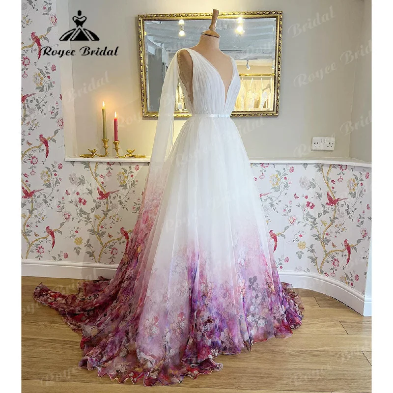 Exclusive Deals Online Chaste Print Flower Garden Bridal V Neck Princess Wedding Dress 2025 Vestidos Wedding Gowns Ball Gowns Custom Made Roycebridal