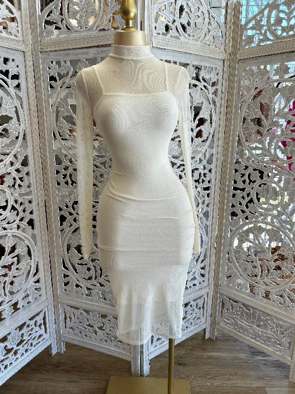 Hot Brand Discounts Cream Mesh Mock Neck Midi Dress- Stretchy