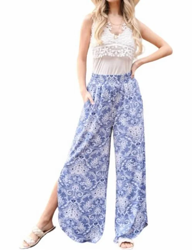 Limited Time Offer Smocked Floral Side Slit Pants In Blue