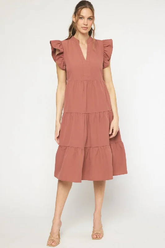 Chic & Cozy Collection Ruffled Pocket Tiered Midi Dress, Cinnamon