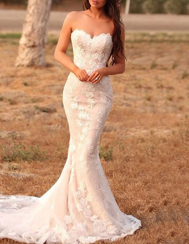 Stay Ahead In Style Women Mermaid Sweetheart Wedding Dresses Long Lace Appliques Bridal Gowns YWD146