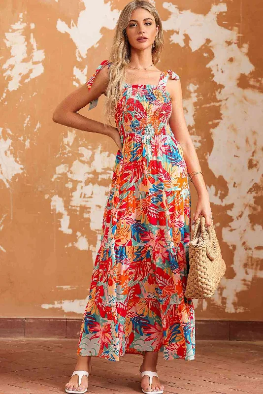 Elegant Style Printed Tie Shoulder Smocked Tiered Maxi Dress