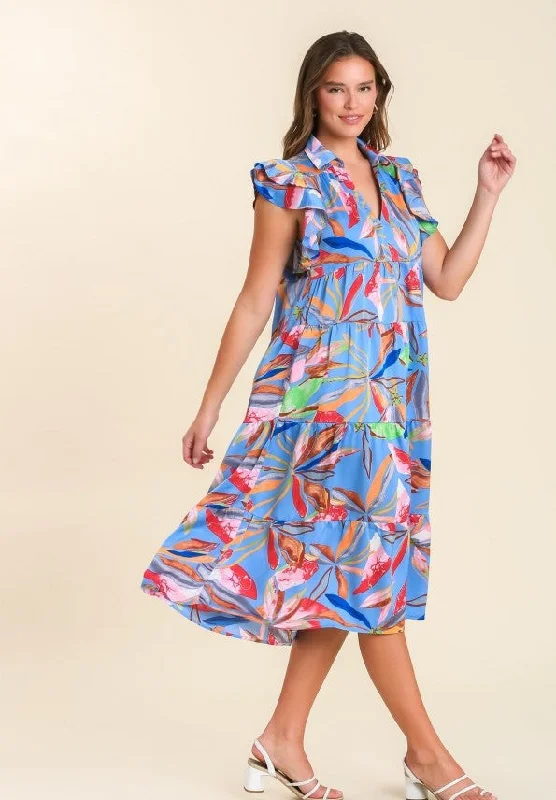 Cutting Edge Fashion Leaf Print Tiered Midi Dress