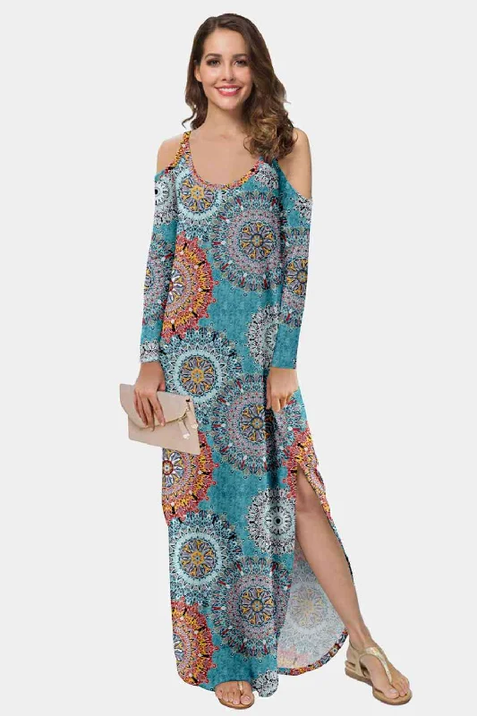 Holiday Glam Printed Cold-Shoulder Slit Maxi Dress