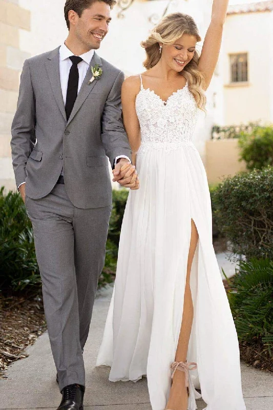 Vibrant Styles Spaghetti Straps Lace Chiffon Long Flowy Beach Wedding Dresses