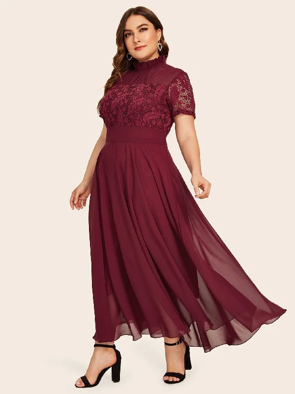 Seasonal Trends Plus Lace Panel Ruffle Neck Maxi Dress