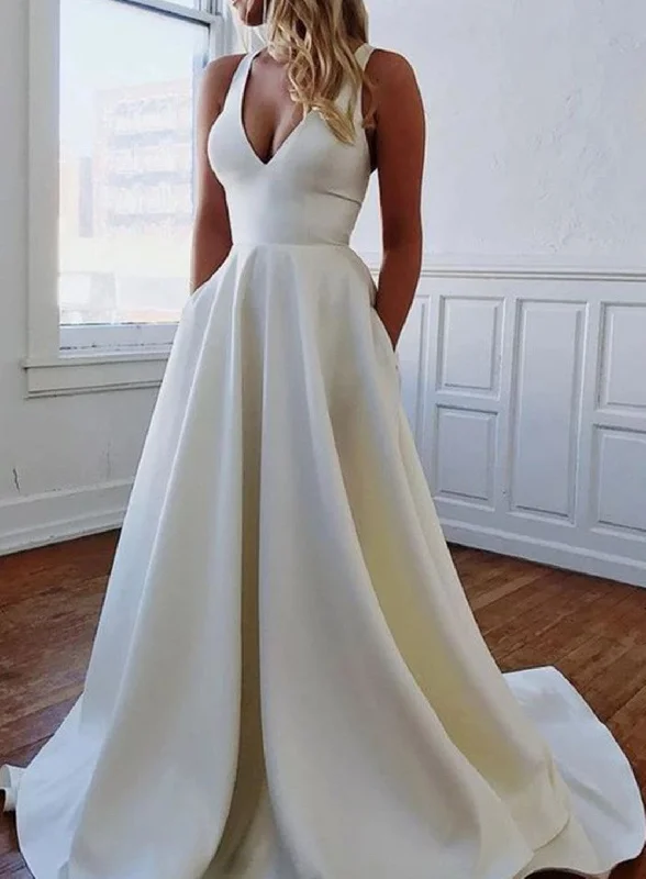 Trendy Street Style Women A-Line Wedding Dresses Long V-Neck Bridal Gowns YWD124