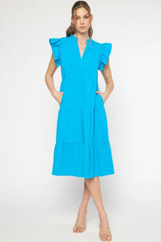 Runway Inspired Wear Ruffled Pocket Tiered Midi Dress, Cobalt