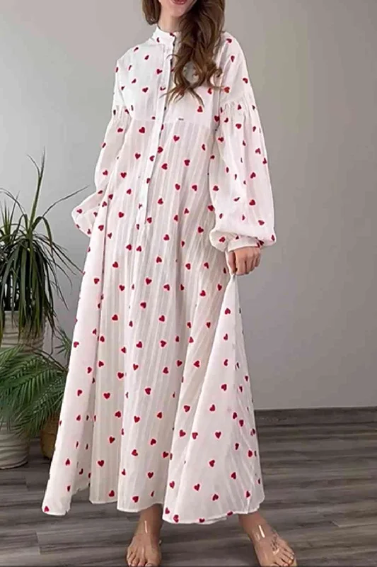 Trendy Women's Collection Heart Print Buttoned Maxi Dress