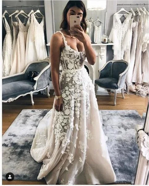 Women's Fashion Hotspots Luxury Wedding Dress Sexy Scoop 3D Flowers Champagne Wedding Bridal Gowns  prom Dresses   cg11378