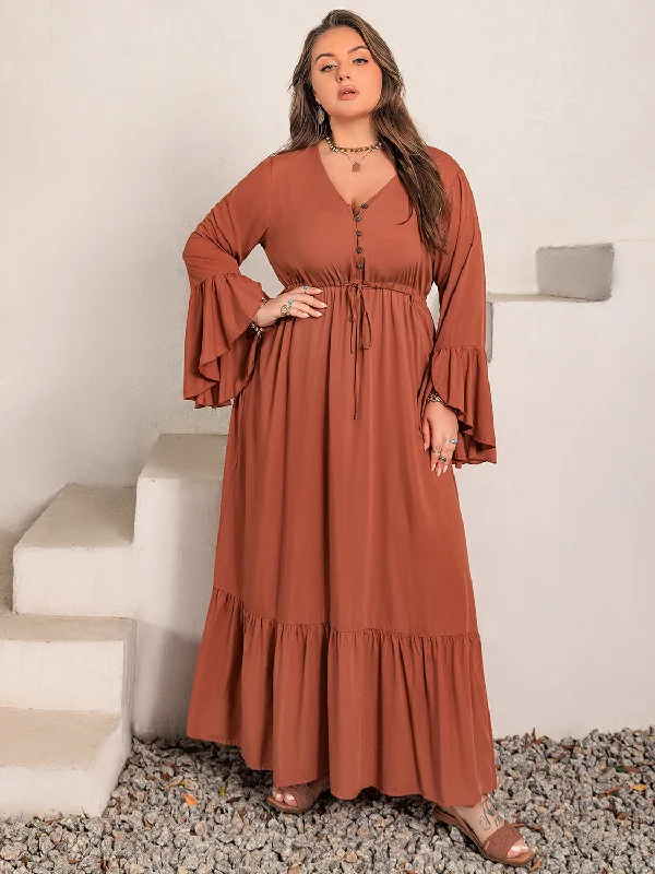 Crazy Price Slashing Plus Size V-Neck Flare Sleeve Maxi Dress