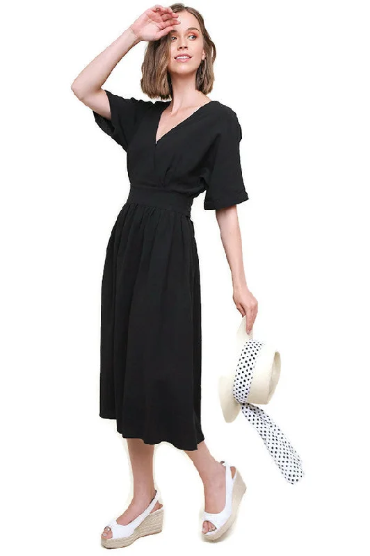 Premium Fashion Surplice Cotton Midi Dress, Black