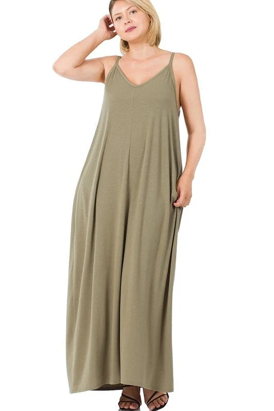 Flash Sales Hi Curvy Plus Size Women  V-Neck Cami Maxi Dress with Side Pockets