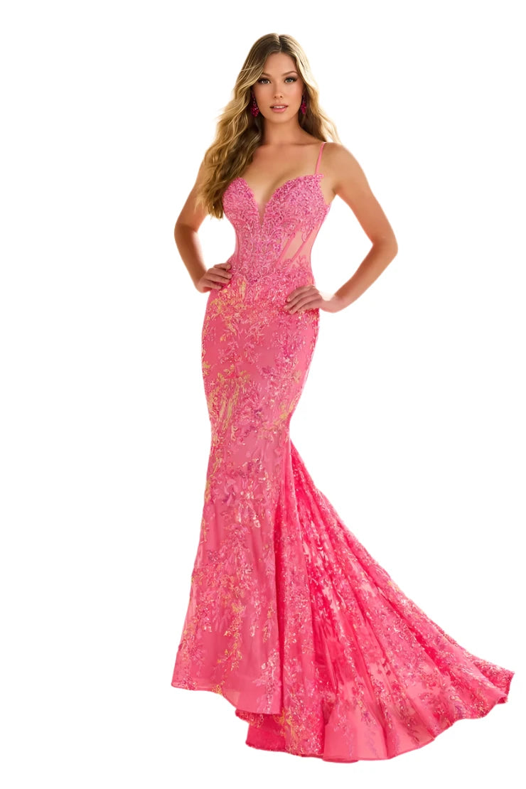 Cool Prices Ellie Wilde EW36003 Size 8 Hot Pink Sheer Corset Sequin Mermaid Backless Prom Dress Pageant Evening Gown